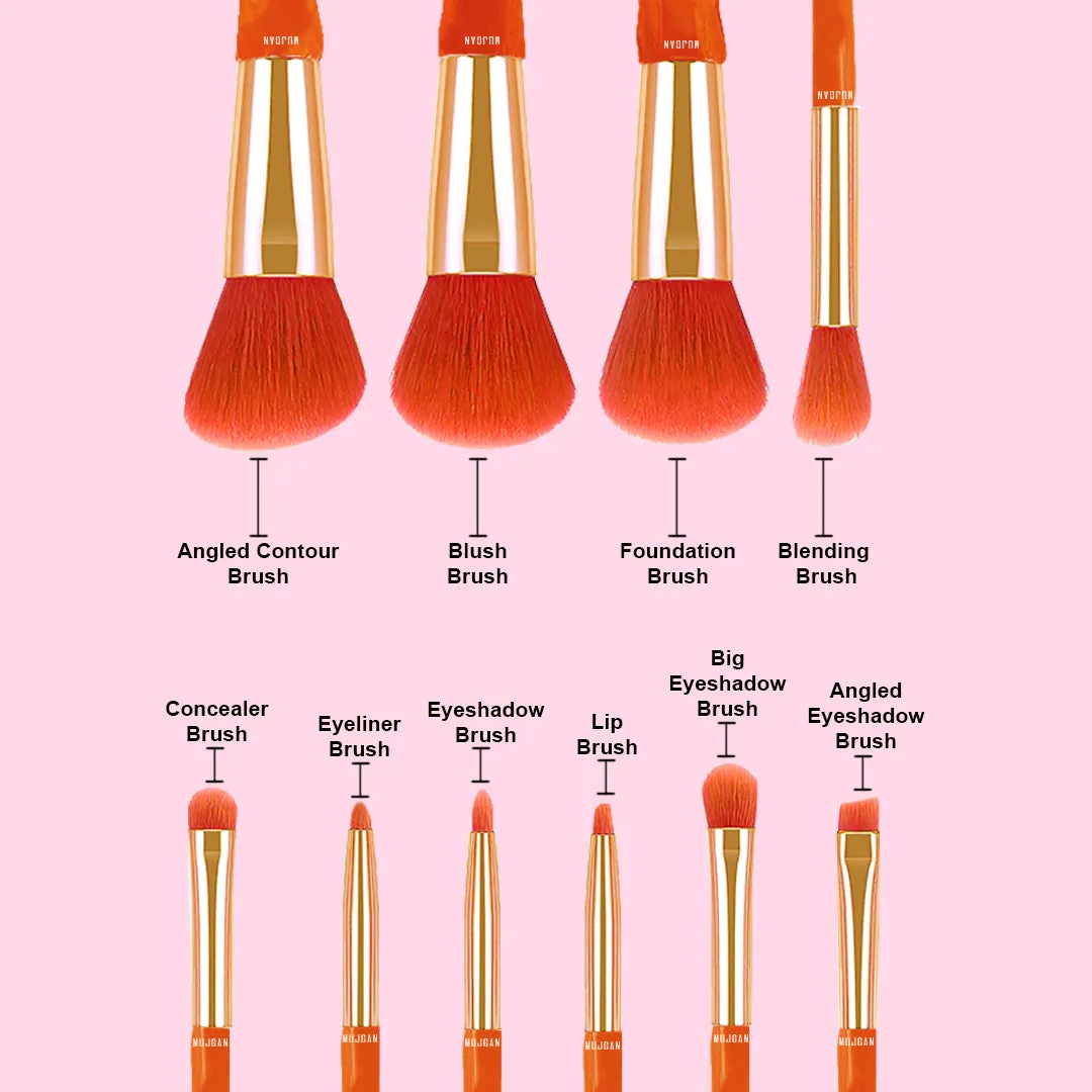 10 PCS Neon Professional Makeup Brush Set (Orange)