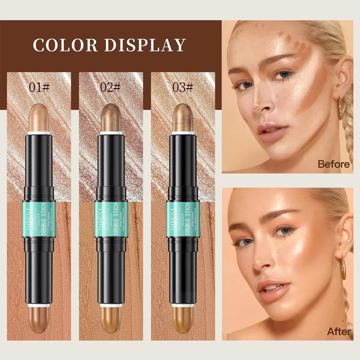 2-in-1 Highlight and Contour Stick,2Pcs Dual-Ended Highlighter Makeup Pen & Contouring Stick Set for Face Shaping,Long Lasting & Waterproof Face Brightens & Shades Makeup Contour Sticks Kit(01# 02#)
