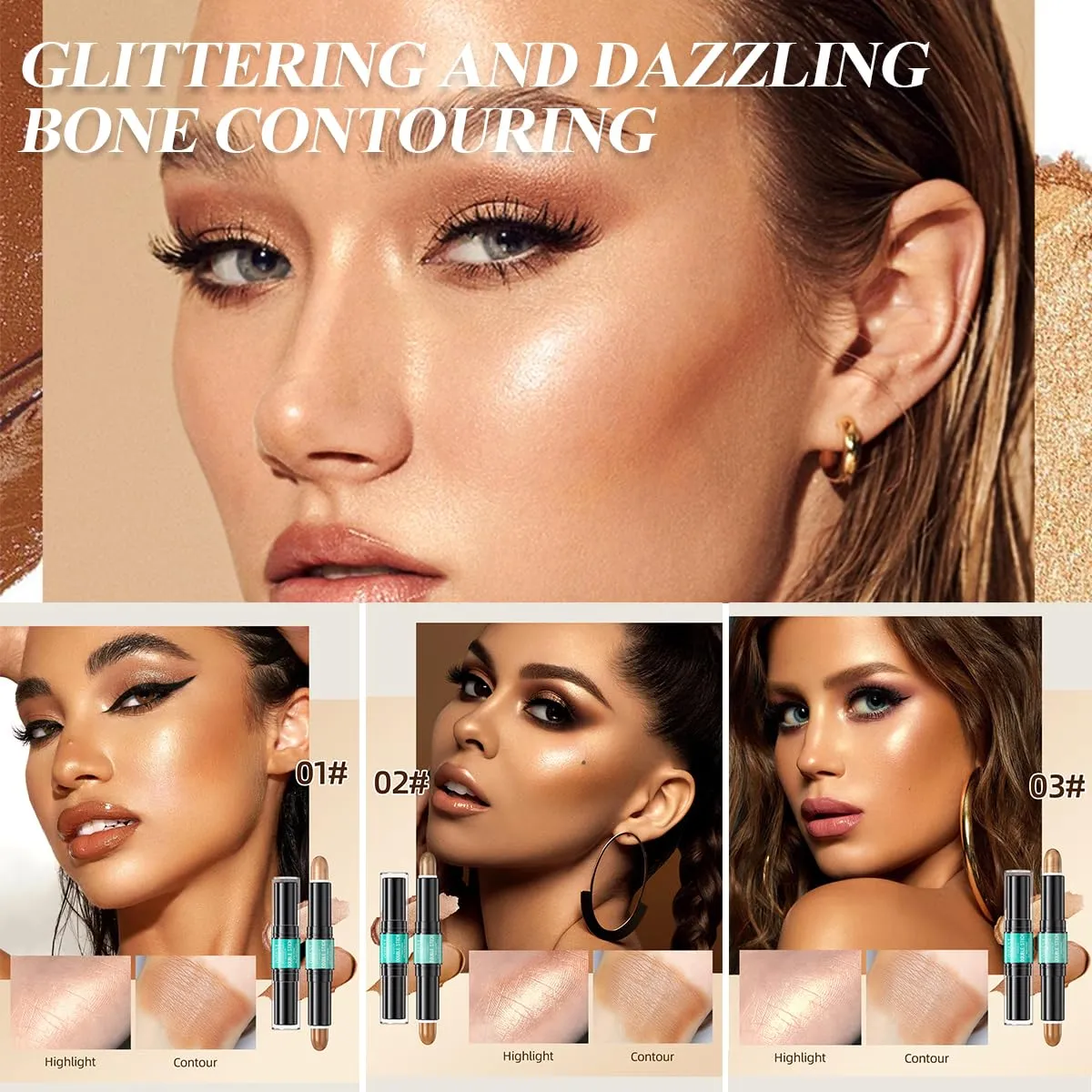 2-in-1 Highlight and Contour Stick,2Pcs Dual-Ended Highlighter Makeup Pen & Contouring Stick Set for Face Shaping,Long Lasting & Waterproof Face Brightens & Shades Makeup Contour Sticks Kit(01# 02#)