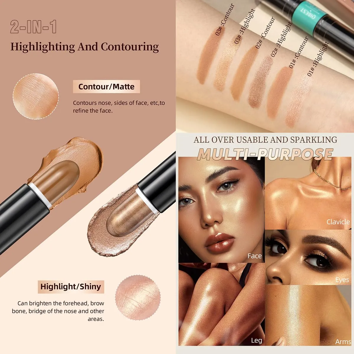 2-in-1 Highlight and Contour Stick,2Pcs Dual-Ended Highlighter Makeup Pen & Contouring Stick Set for Face Shaping,Long Lasting & Waterproof Face Brightens & Shades Makeup Contour Sticks Kit(01# 02#)