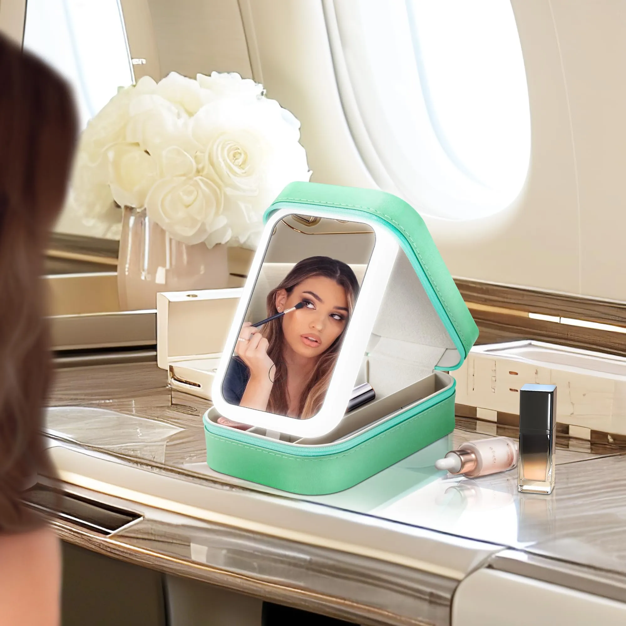 AISHIKEKE Travel Cosmetic Mirror Case, Vanity Mirror with Lights, Compact Makeup Bag with LED Mirror, Portable Travel Jewelry Case with Makeup Mirror (Green)