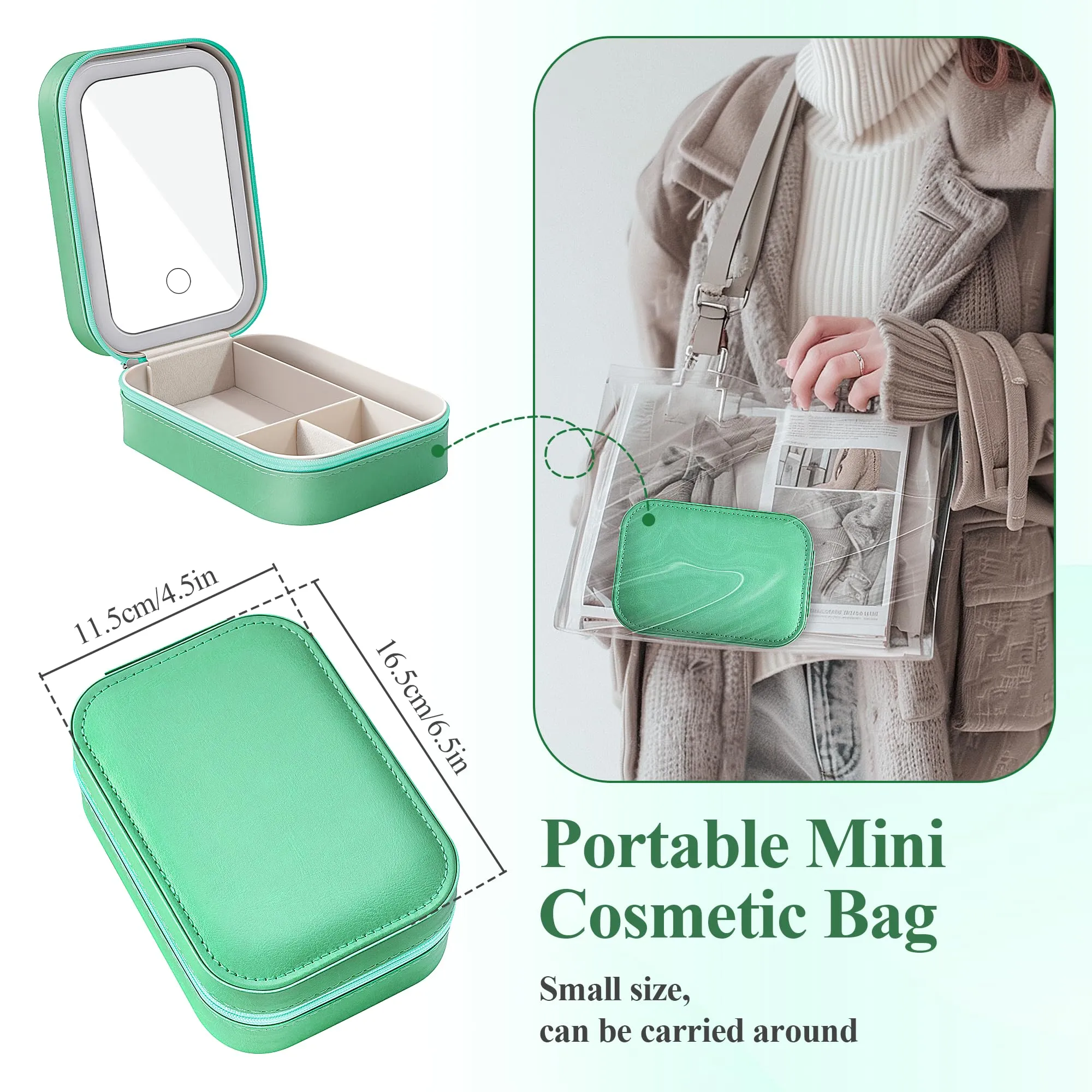 AISHIKEKE Travel Cosmetic Mirror Case, Vanity Mirror with Lights, Compact Makeup Bag with LED Mirror, Portable Travel Jewelry Case with Makeup Mirror (Green)