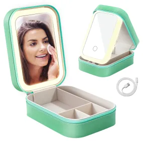 AISHIKEKE Travel Cosmetic Mirror Case, Vanity Mirror with Lights, Compact Makeup Bag with LED Mirror, Portable Travel Jewelry Case with Makeup Mirror (Green)