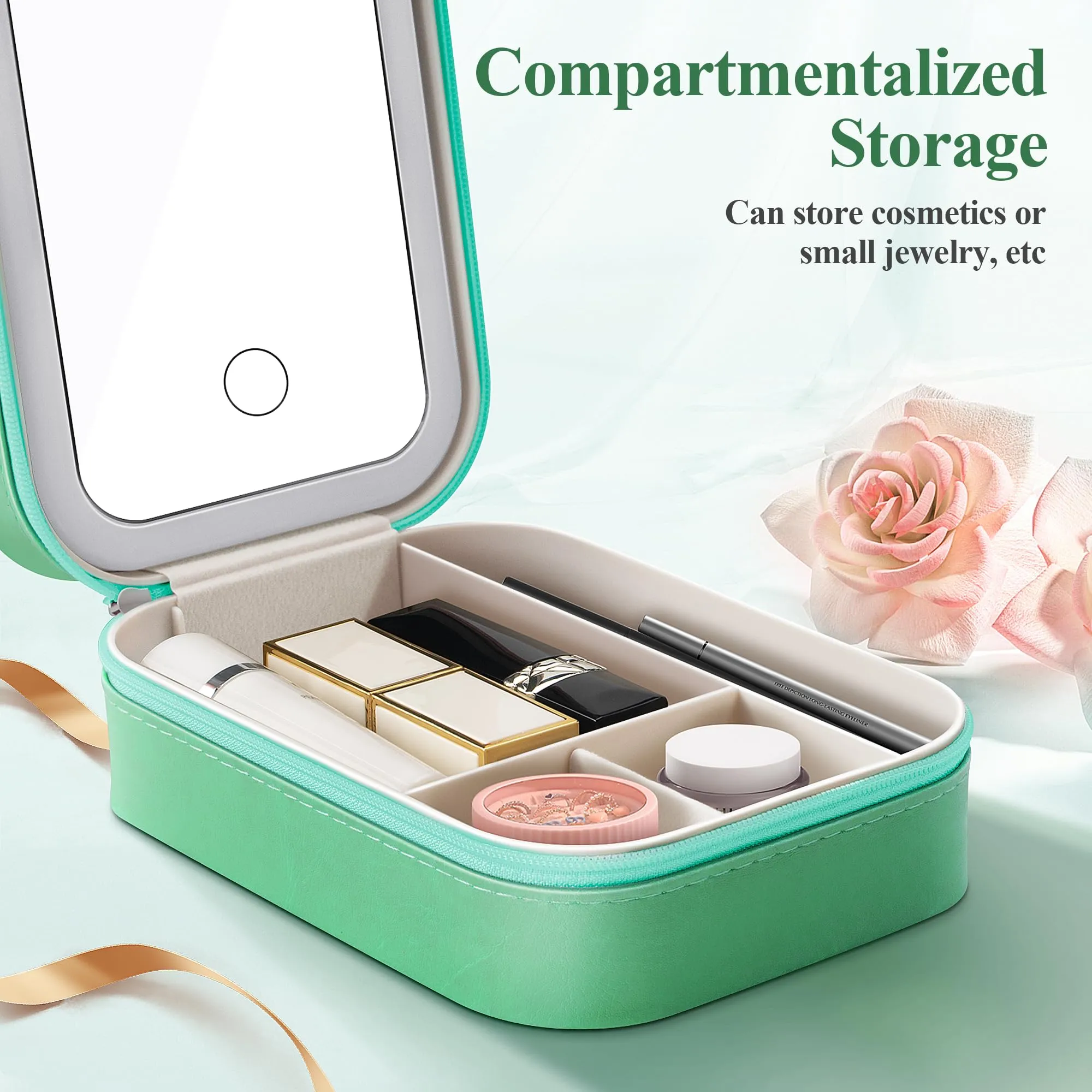 AISHIKEKE Travel Cosmetic Mirror Case, Vanity Mirror with Lights, Compact Makeup Bag with LED Mirror, Portable Travel Jewelry Case with Makeup Mirror (Green)