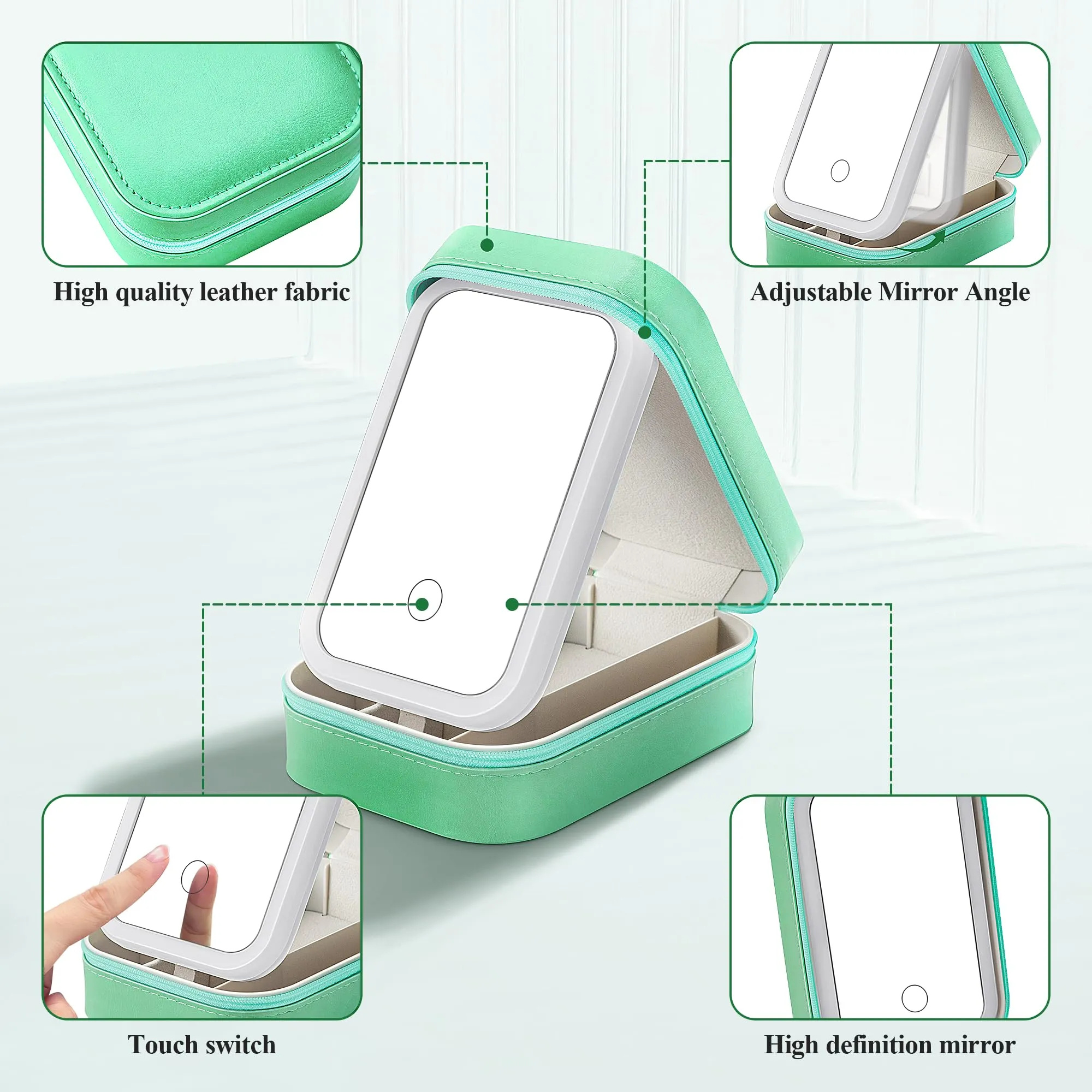 AISHIKEKE Travel Cosmetic Mirror Case, Vanity Mirror with Lights, Compact Makeup Bag with LED Mirror, Portable Travel Jewelry Case with Makeup Mirror (Green)