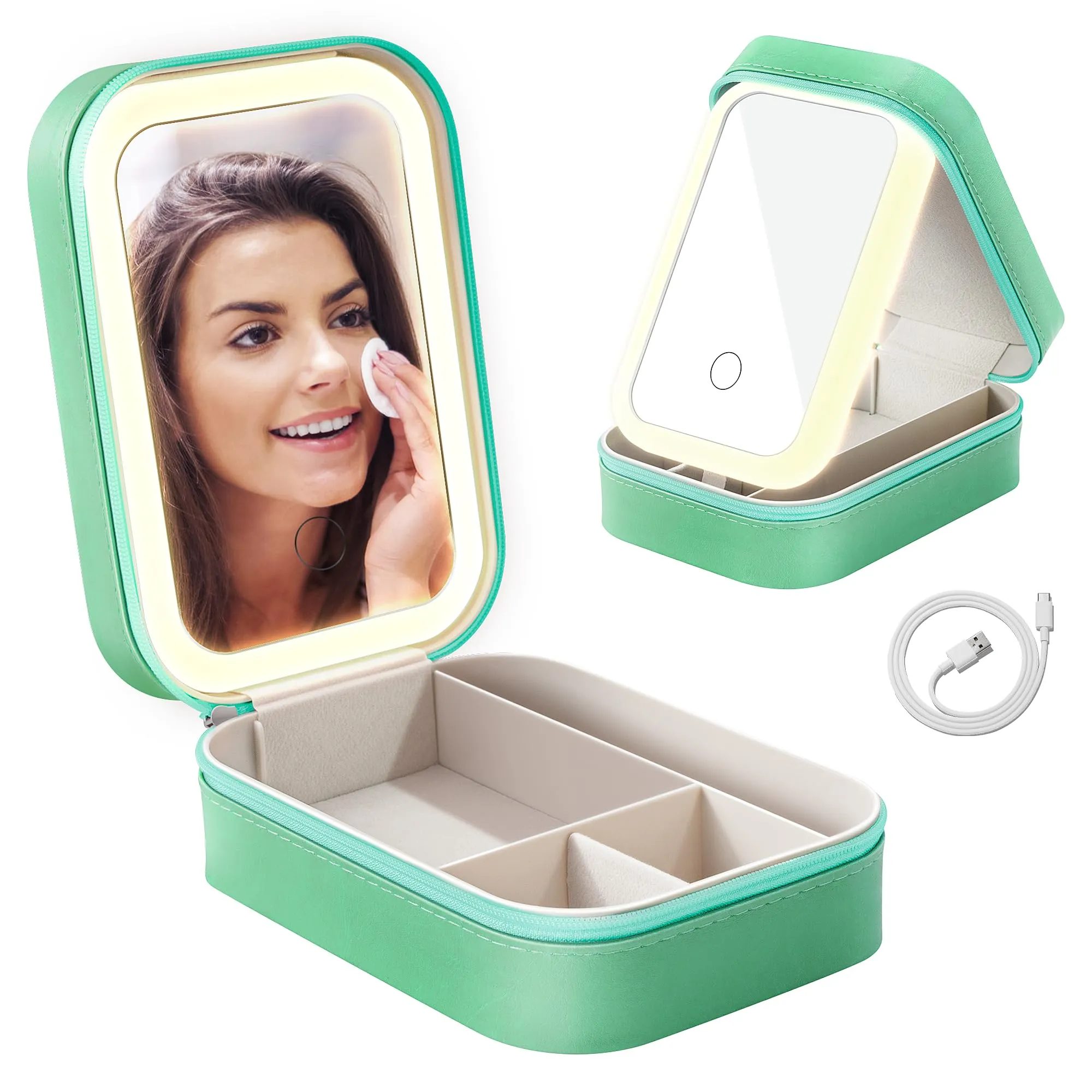 AISHIKEKE Travel Cosmetic Mirror Case, Vanity Mirror with Lights, Compact Makeup Bag with LED Mirror, Portable Travel Jewelry Case with Makeup Mirror (Green)