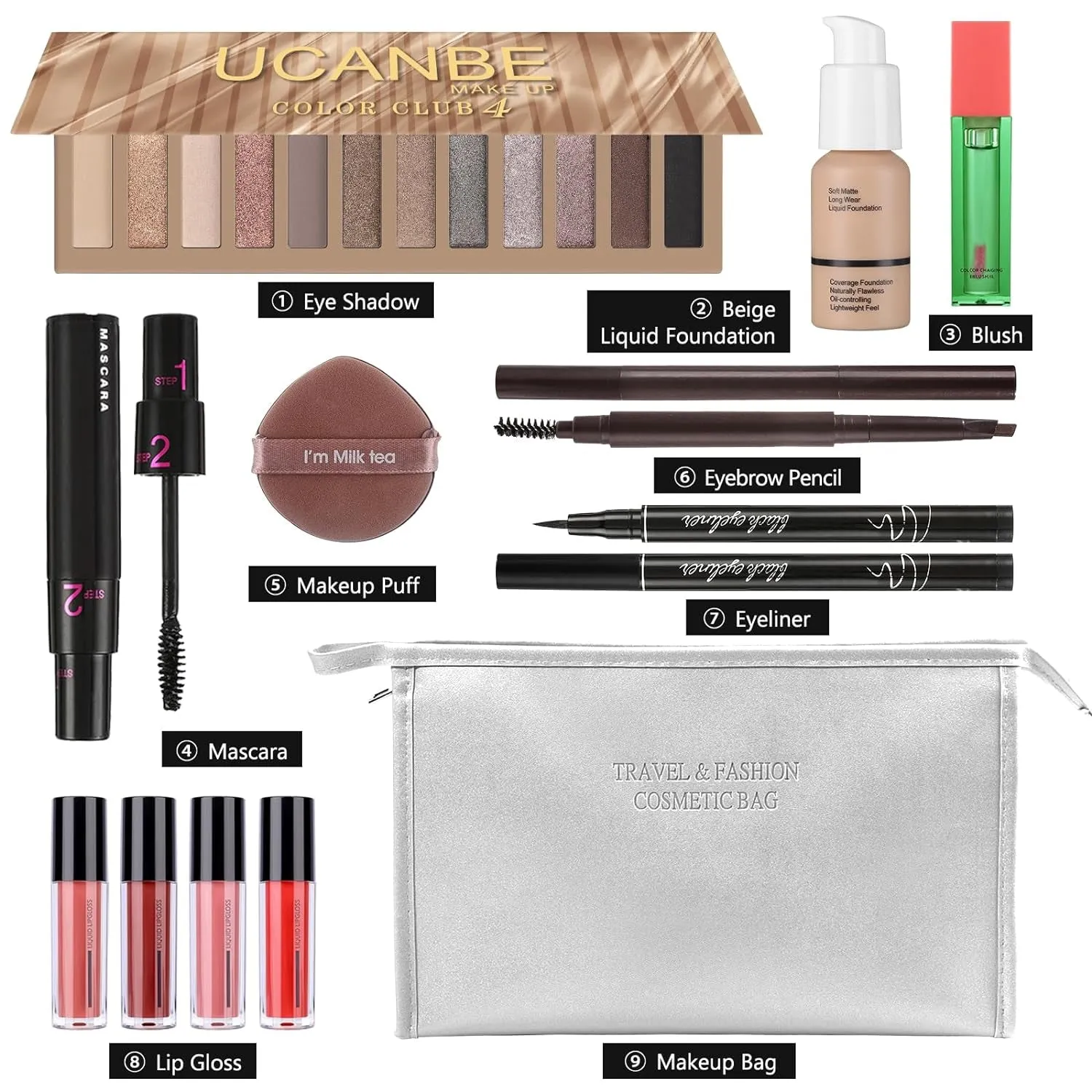 All-in-One Makeup Gift Set for Women: 12 Nude Eyeshadows, Mascara, Lip Gloss & More!