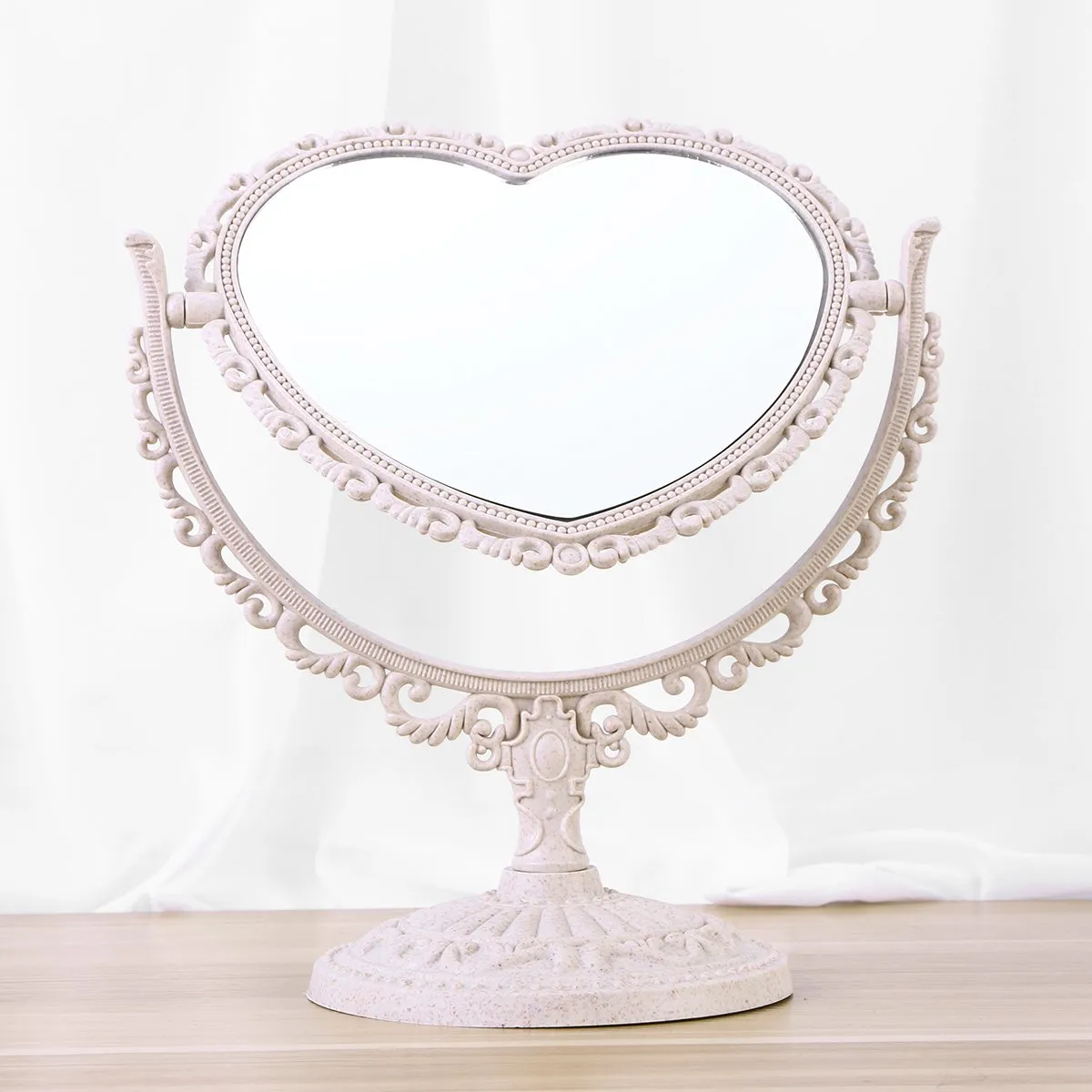 Beaupretty Double Sided Mirror with 360 Degree Rotation Table Top Heart Shape Makeup Cosmetic Mirror (Beige) Beige