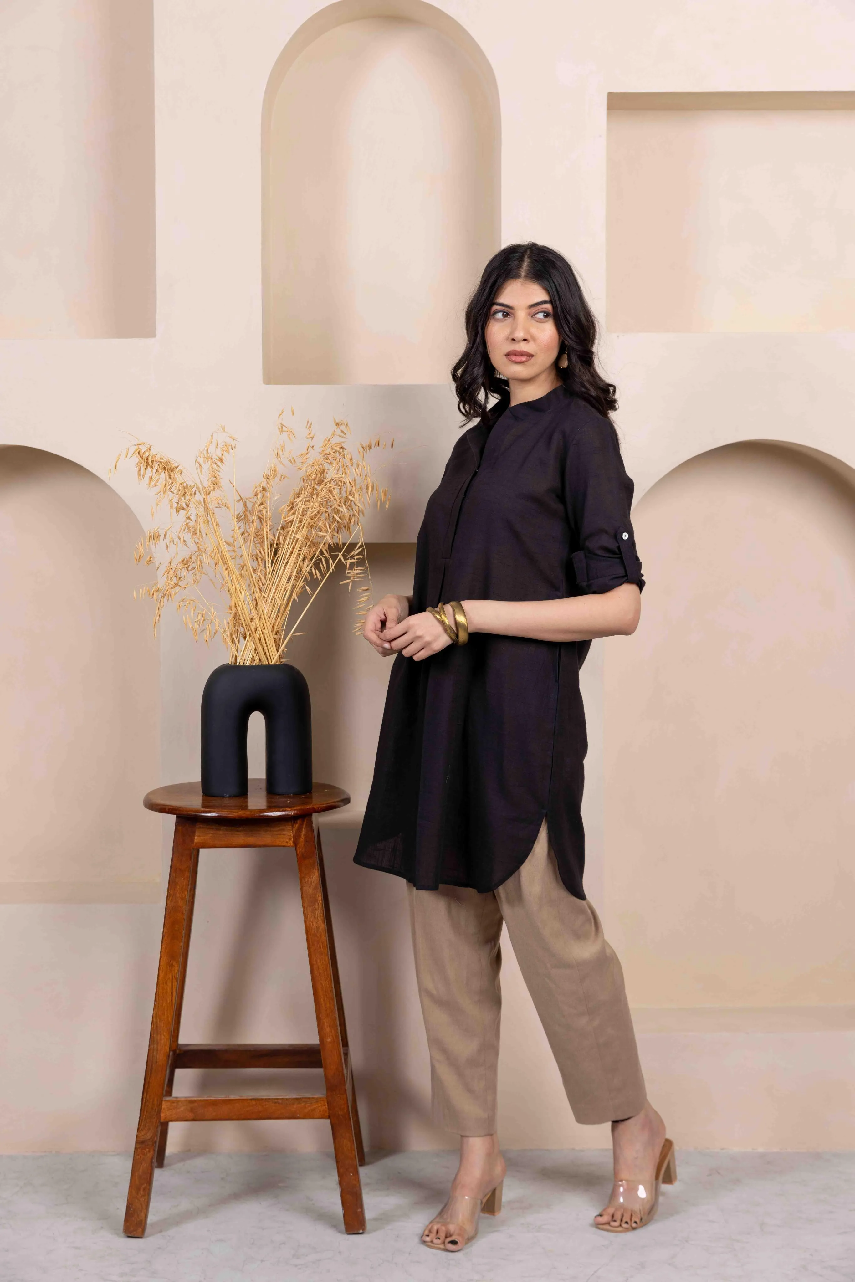 Black Cotton Slub Box Pleat Long Kurta
