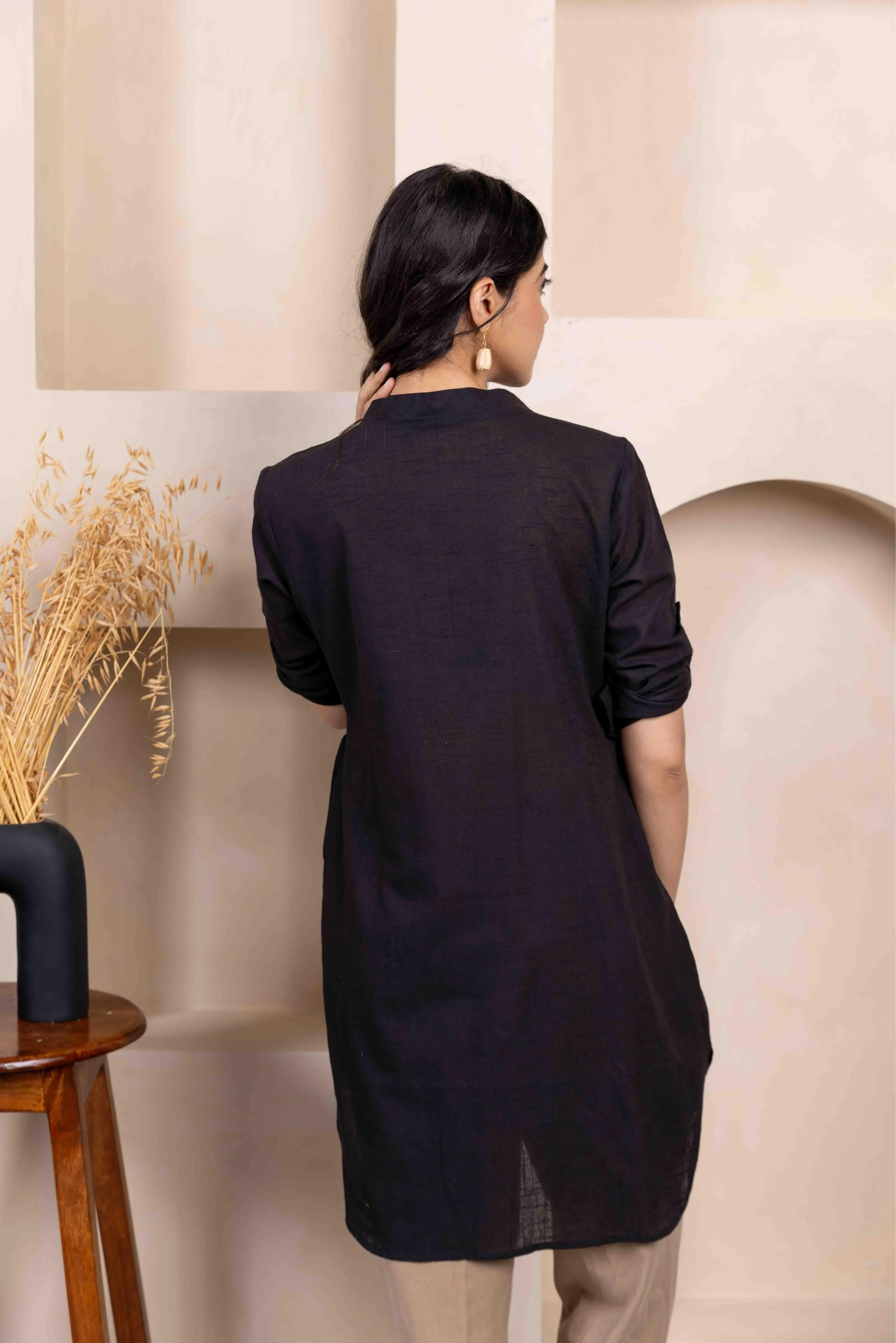 Black Cotton Slub Box Pleat Long Kurta