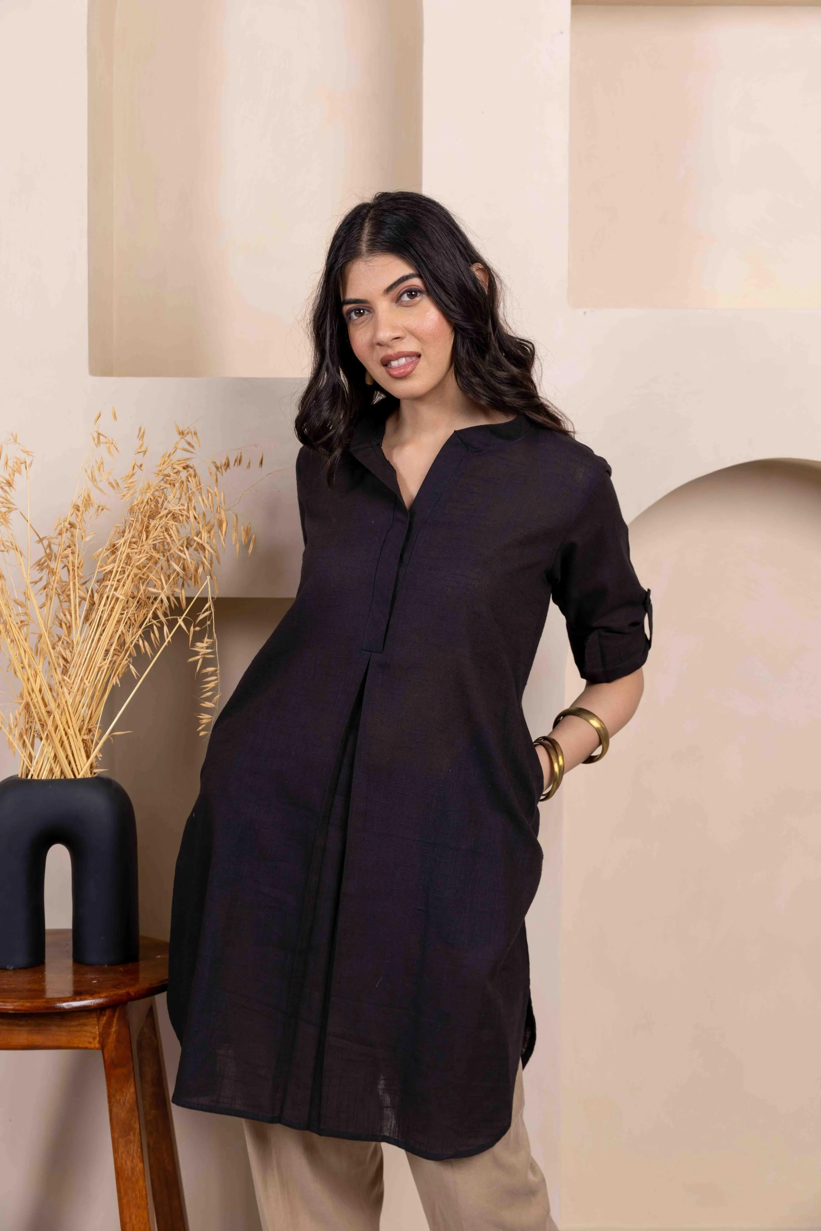 Black Cotton Slub Box Pleat Long Kurta