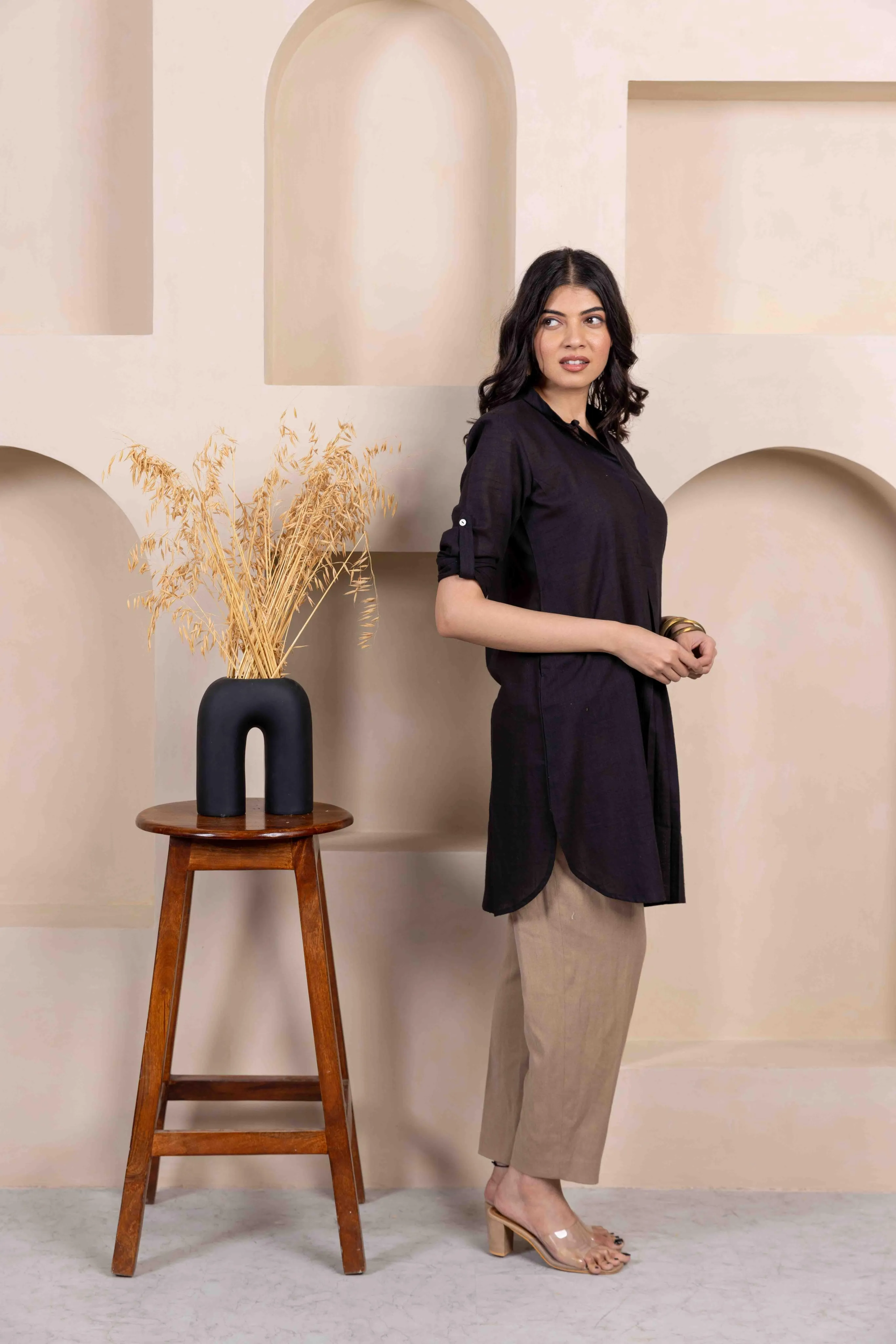 Black Cotton Slub Box Pleat Long Kurta