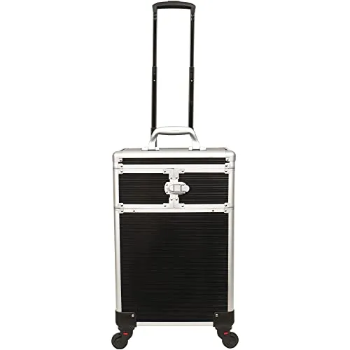CHUANGJIN 4 in 1 Professional Makeup Train Case Aluminum Cosmetic Case Rolling Makeup Case Extra Large Trolley Makeup Travel Organizer, with 360° Swivel Wheels(Line Black)