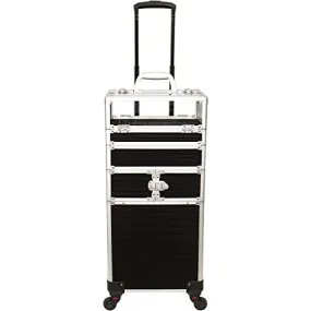 CHUANGJIN 4 in 1 Professional Makeup Train Case Aluminum Cosmetic Case Rolling Makeup Case Extra Large Trolley Makeup Travel Organizer, with 360° Swivel Wheels(Line Black)