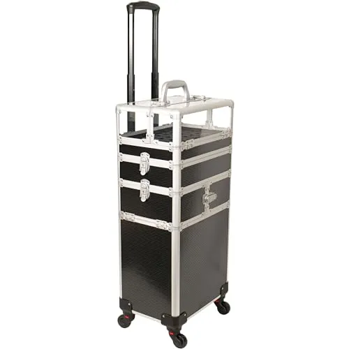 CHUANGJIN 4 in 1 Professional Makeup Train Case Aluminum Cosmetic Case Rolling Makeup Case Extra Large Trolley Makeup Travel Organizer, with 360° Swivel Wheels(Line Black)