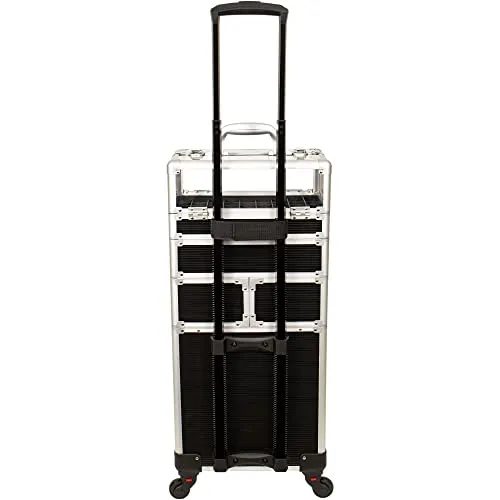CHUANGJIN 4 in 1 Professional Makeup Train Case Aluminum Cosmetic Case Rolling Makeup Case Extra Large Trolley Makeup Travel Organizer, with 360° Swivel Wheels(Line Black)
