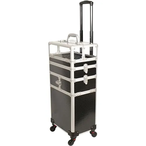 CHUANGJIN 4 in 1 Professional Makeup Train Case Aluminum Cosmetic Case Rolling Makeup Case Extra Large Trolley Makeup Travel Organizer, with 360° Swivel Wheels(Line Black)