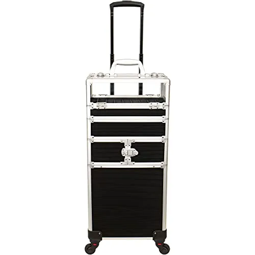 CHUANGJIN 4 in 1 Professional Makeup Train Case Aluminum Cosmetic Case Rolling Makeup Case Extra Large Trolley Makeup Travel Organizer, with 360° Swivel Wheels(Line Black)