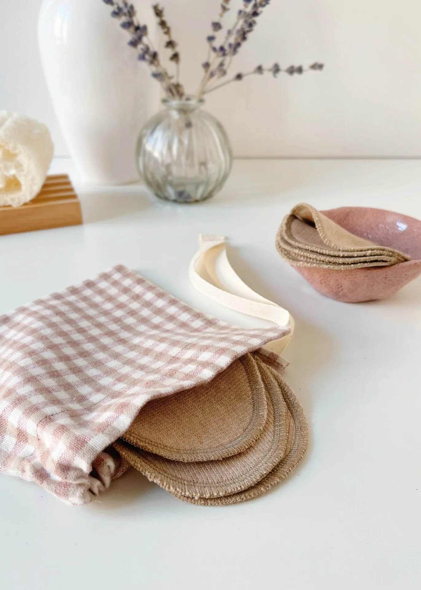 Face Pads & Pouch - Gingham/Brown Organic Cotton - 100% Cotton (organic) / 100 % Baumwolle (Bio)