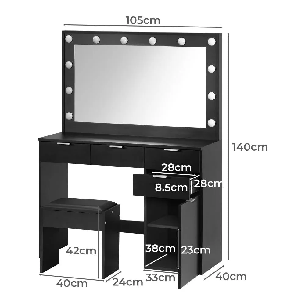Oikiture Dressing Table Stool Set Makeup Large Mirror Dresser 12 LED Bulbs Black