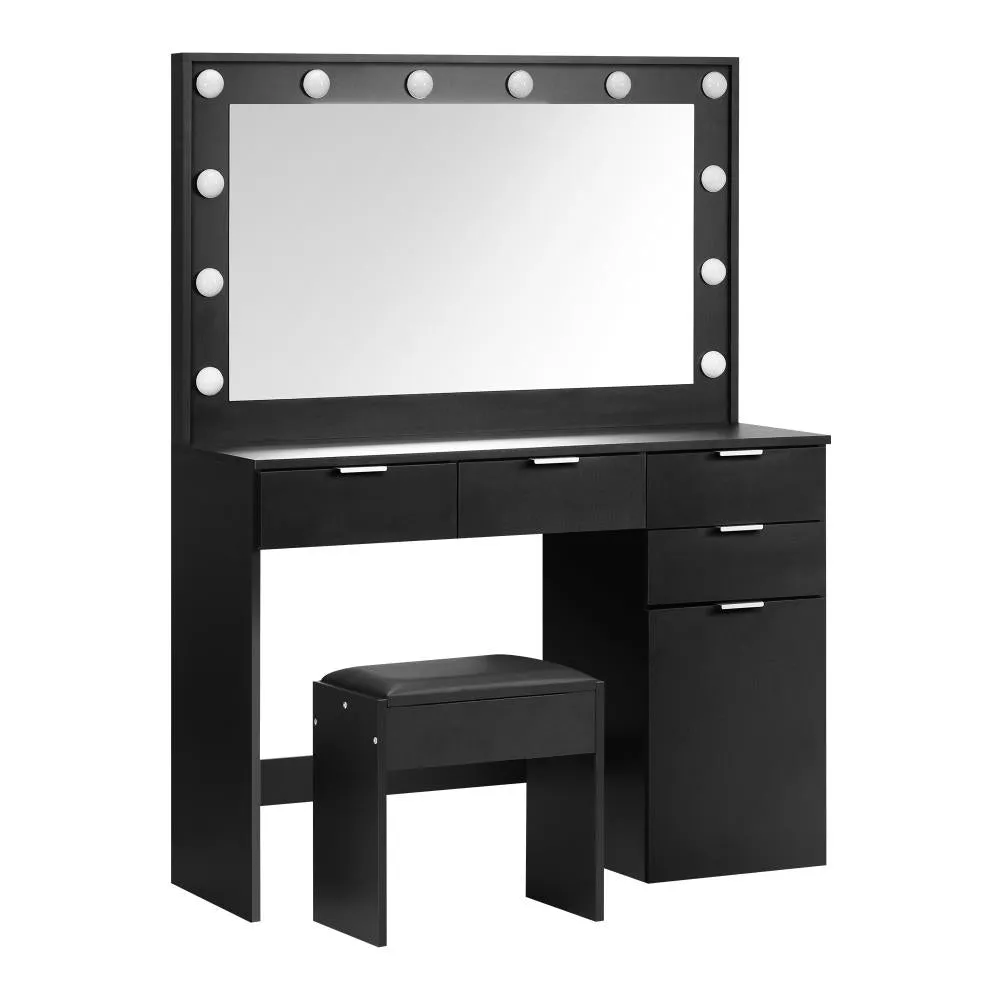 Oikiture Dressing Table Stool Set Makeup Large Mirror Dresser 12 LED Bulbs Black