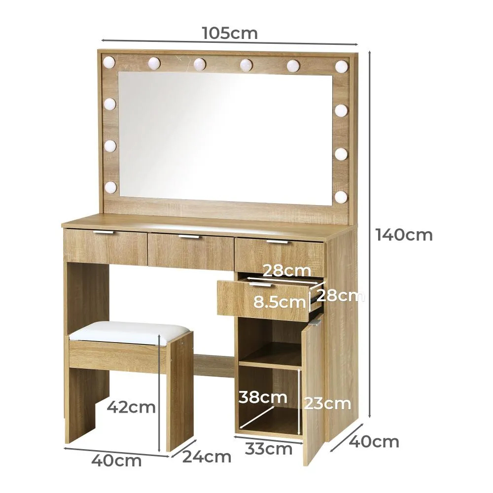 Oikiture Dressing Table Stool Set Makeup Large Mirror Dresser 12 LED Bulbs Oak